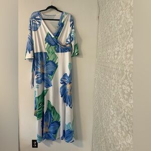 Floral Blue and Green Maxi Dress Tie Waist Sz 2XL